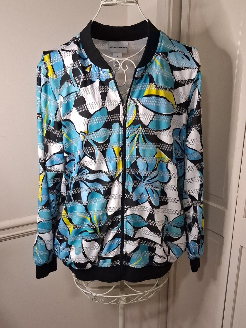 Alfred Dunner Blue, Yellow & Black Floral Bomber Jacket
